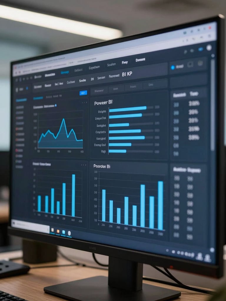 Close-up of a Power BI dashboard displayed on a large monitor in a corporate office, showing financial KPI tiles and bar charts with precise data labels, cool studio lighting, dark interface with blue accent highlights, screen sharply in focus
