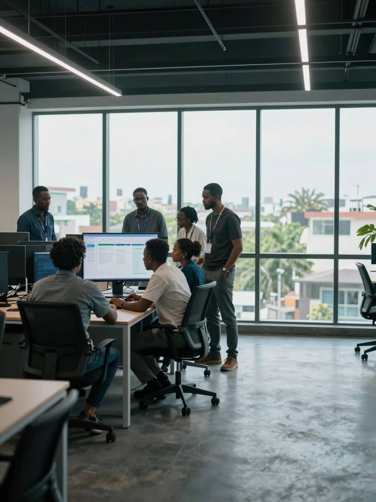Wide shot from inside a modern open-plan office in Abidjan, a team of Ivorian data professionals gathered around a large monitor displaying a Power BI dashboard, natural daylight filtering through floor-to-ceiling windows, cool color temperature, documentary framing, subject group occupying the left two-thirds of frame with generous negative space to the right
