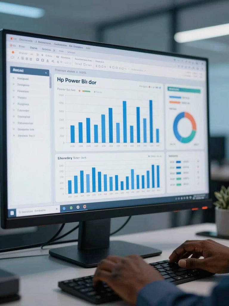 Close-up of a Power BI dashboard displayed on a large monitor in a modern Abidjan office, cool blue ambient lighting, KPI tiles and bar charts clearly visible on screen, African professional's hands resting on keyboard in foreground
