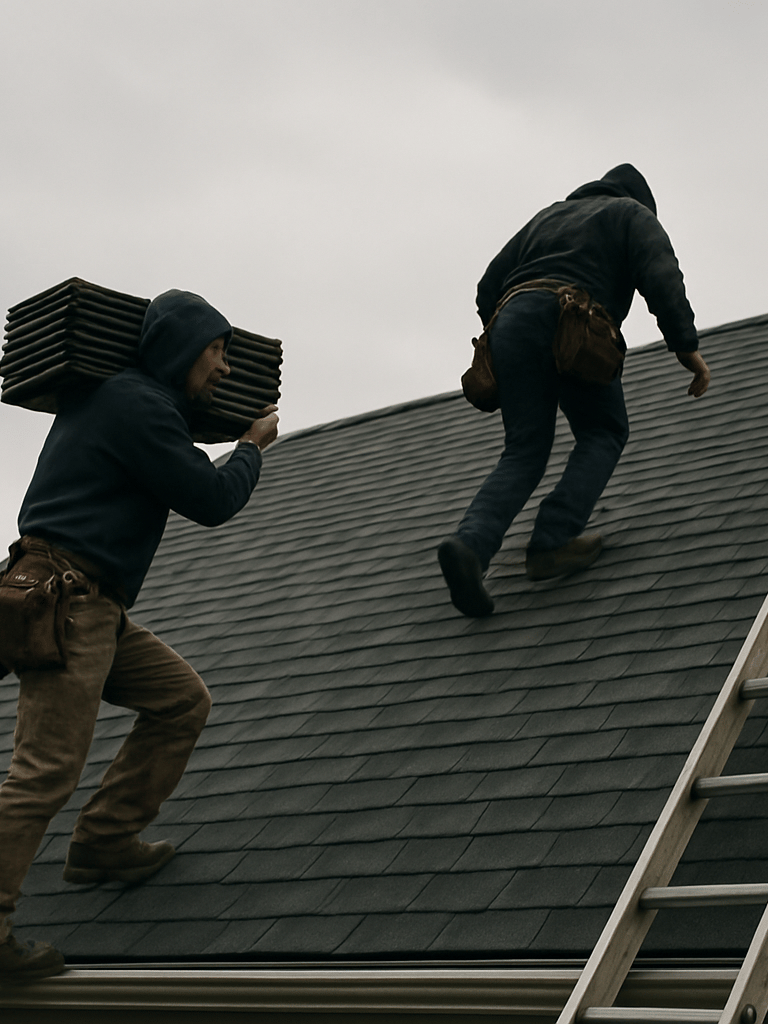 Wide documentary shot, two roofers climbing a steep residential roof on an overcast North Jersey morning, one carrying a bundle of shingles over his shoulder, gray sky above, ladder visible at the right edge of the frame