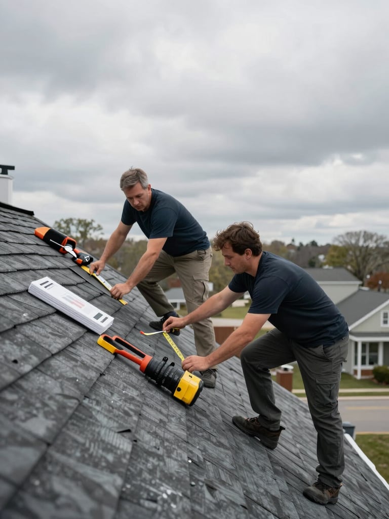 Wide environmental shot of two roofers measuring and marking a residential roof slope from the ridge, overcast North Jersey sky stretching behind them, tools and material staged on the roof surface