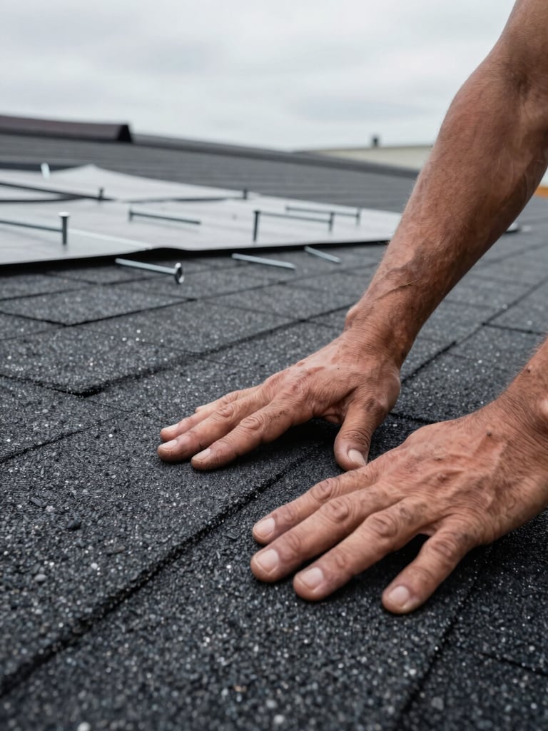 Close-up of weathered hands pressing a new asphalt shingle onto a roof deck under flat overcast light, roofing nails and underlayment visible in the background, gritty and documentary, no faces
