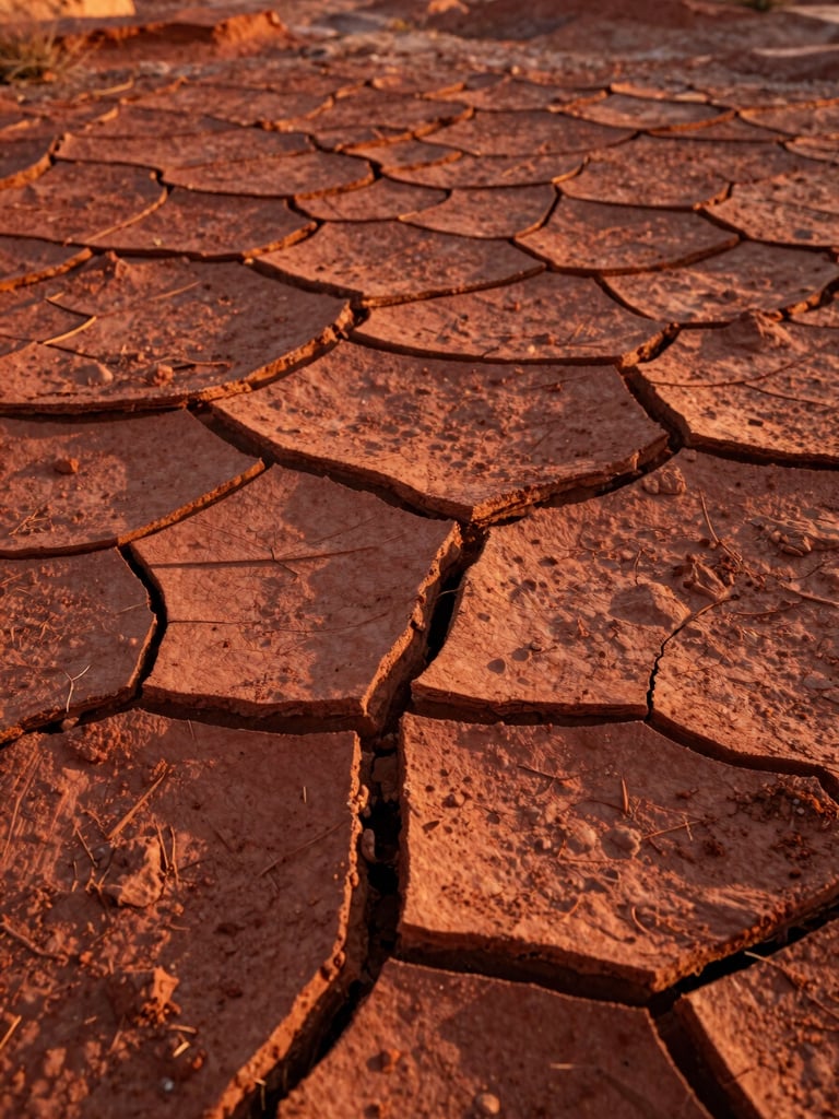 Extreme macro close-up of cracked red clay earth in the Utah desert, dramatic low-angle golden hour light casting deep shadows across the organic fissures.