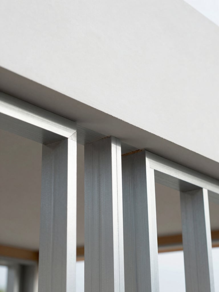 Macro detail shot of flawless finishing, neat architectural lines, crisp modern drywall framing, clean slate and steel tones, sharp focus