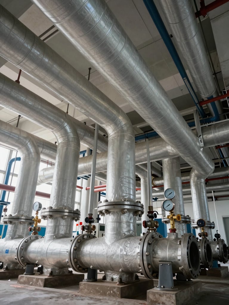 Wide environmental shot of a commercial building mechanical room — overhead view of chilled water piping runs with insulated pipes, flanged joints, and pressure gauges visible under neutral facility lighting, no people, technical installation detail