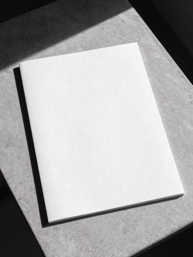 A single blank sheet of heavy textured paper lying flat on a minimalist concrete table, direct harsh sunlight casting a sharp geometric shadow, high-contrast monochrome