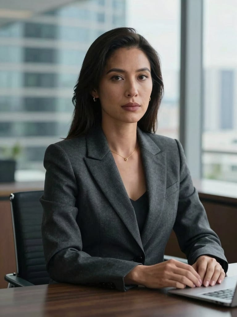 Close medium shot of a composed Latina executive in a tailored charcoal blazer, seated at a polished desk in a Miami high-rise office, soft natural window light from the right, confident direct gaze, hands resting on desk surface, architectural city view softly blurred behind her
