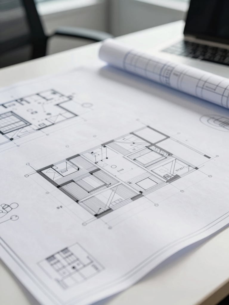 Close-up of technical architectural drawings and engineering blueprints on a professional office desk, bright natural daylight, clean corporate environment
