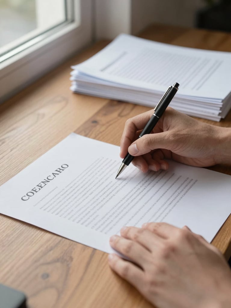 Close-up of hands carefully reviewing a printed contract on a wooden desk, natural window light from the left, a neat stack of sealed documents visible in the background, no faces shown, clean and precise atmosphere