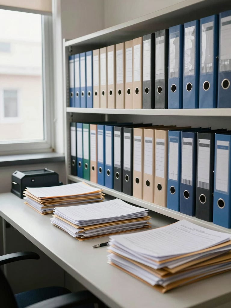 Wide environmental shot of an organized accounting office, neat binders and documents arranged on shelves, natural daylight entering from a side window, clean desk surface with orderly file folders, no people visible