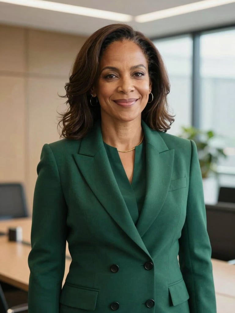 A professional medium portrait of Solange, a female expert in her 40s, dressed in elegant dark green corporate attire, smiling confidently in a modern law office setting, soft natural daylight.