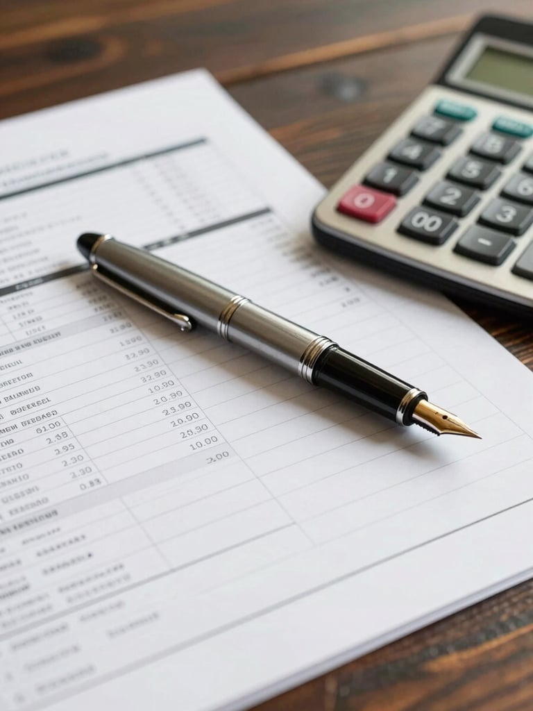 Close-up of financial spreadsheets, a high-end fountain pen, and a calculator on a dark rustic wooden desk, soft side lighting, professional legal setting