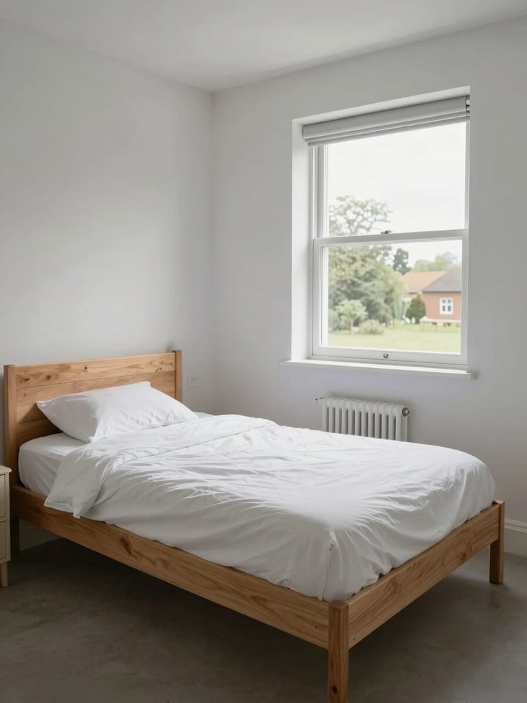 Wide environmental shot of a clean, simple contractor accommodation room in Bedford, natural overcast daylight from a window, plain wooden bed frame, clean white linens, no-nonsense setup.