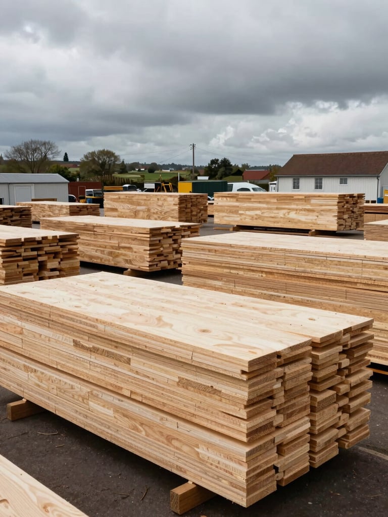 A wide environmental shot of a busy local timber yard in Bedford, stacks of clean birch and pine plywood under overcast British daylight, high-contrast details.