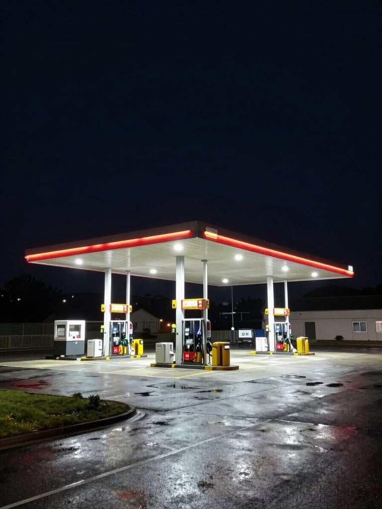 Wide shot of a high-canopy fuel station along the Bedford A421 corridor at night, bright white security lights illuminating the empty forecourt, wet asphalt reflecting the light.