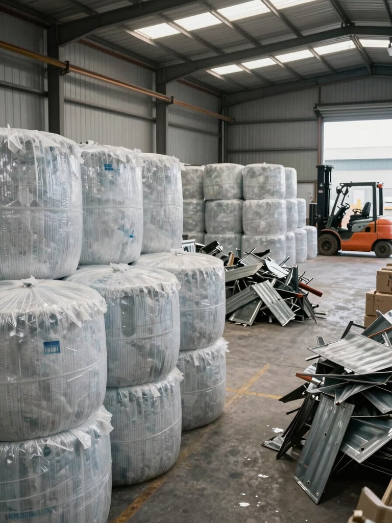 Wide environmental shot of a warehouse interior with sorted bulk materials — stacked plastic bales and metal scrap in separate bays, bright overhead daylight, forklift visible in the background, no faces