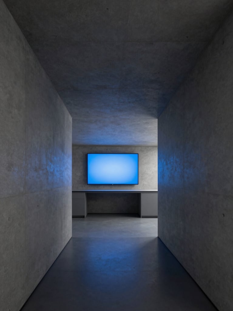 Architectural shot of a modern, minimalist research lab, cool gray concrete walls, low-key blue lighting, clean lines, extreme wide-angle, 35mm