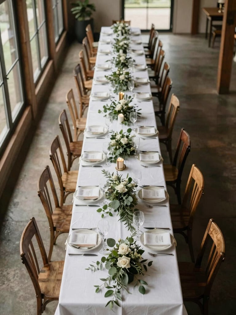 Overhead view looking down at a long communal farm table fully set for a wedding reception, warm natural light from tall venue windows at the left edge, white linen runners, glassware and greenery centerpieces arranged in a straight line, empty chairs pulled out ready for guests, wide environmental framing showing the full table length