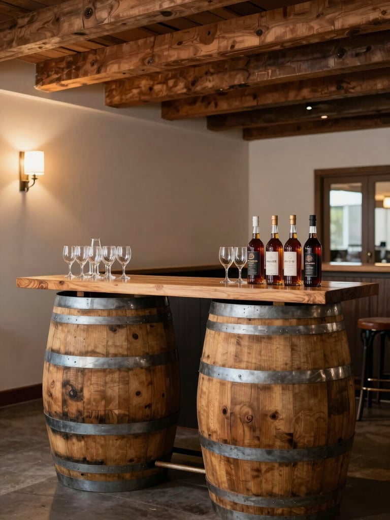 Environmental shot of a bar station built from two bourbon barrels topped with a wooden plank, glassware and bottles arranged neatly on top, warm indoor venue lighting, exposed wooden beam ceiling above, empty room ready for an event