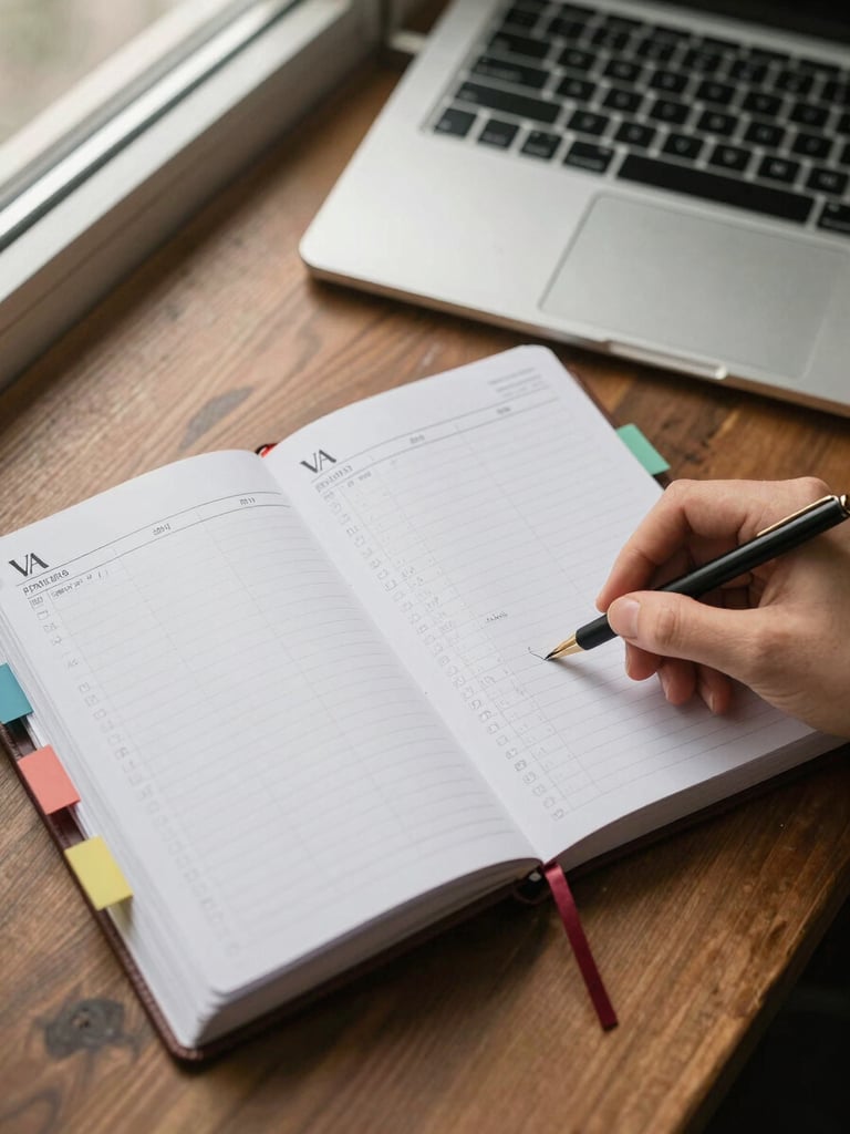 Close overhead view of a VA's organized workspace — a planner open to a weekly schedule, color-coded tabs, a laptop keyboard at the upper edge, warm natural light from a nearby window, a single hand resting on the page mid-annotation
