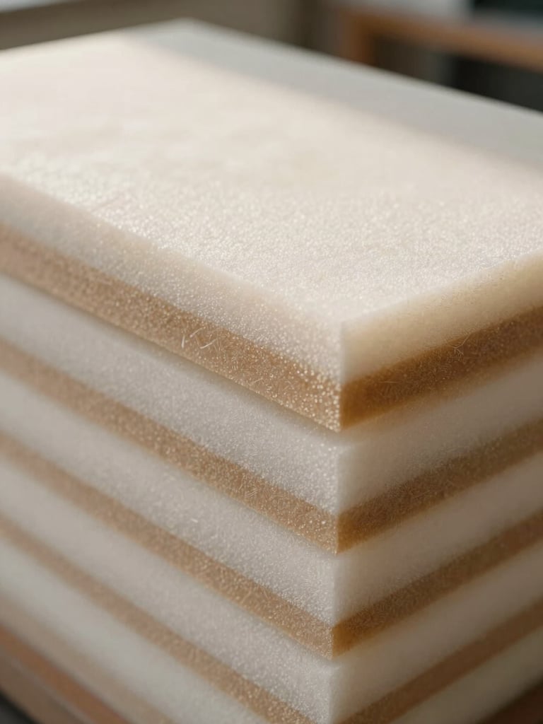 Macro photography of raw structural alloys and high-density foam layers stacked in a clean, sunlit Warsaw workshop, warm morning daylight, shallow depth of field