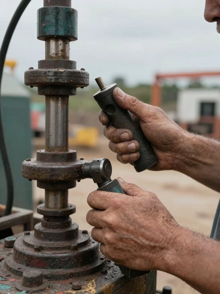 Close-up shot of weathered hands operating heavy industrial machinery on an active jobsite, natural overcast daylight.