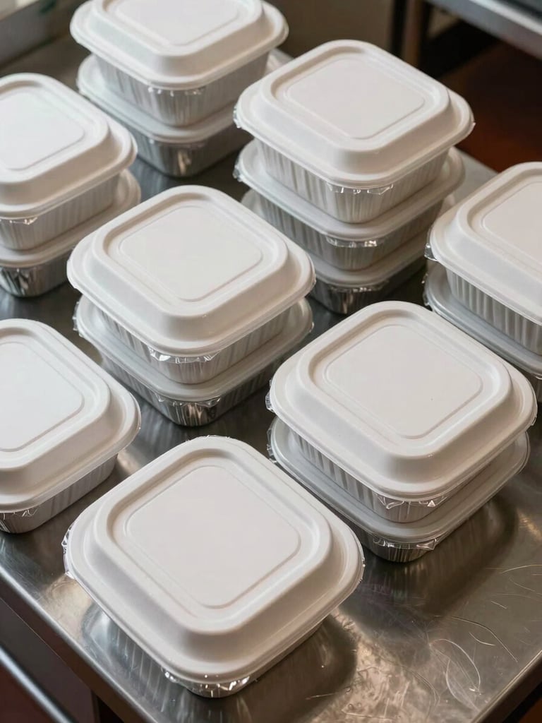 Overhead view of neatly stacked takeout containers and aluminum trays arranged on a stainless steel kitchen prep counter, neutral studio daylight showing material texture and seal detail clearly, no people, no food