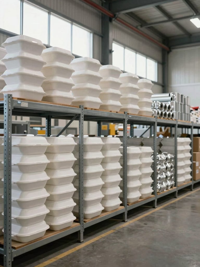 Wide shot of an organized warehouse aisle, stacks of white takeout containers and aluminum rolls on metal shelving, neutral daylight from high windows, clean industrial floor, no people