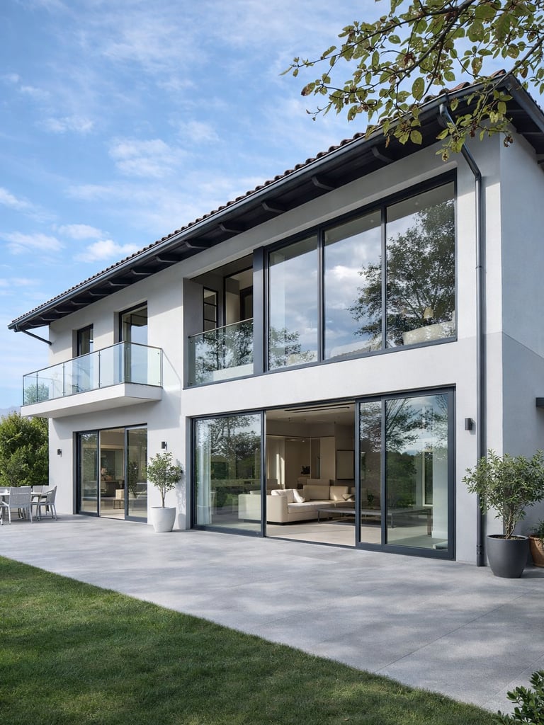 Villa moderna con ampie vetrate, terrazzi panoramici e affaccio sul giardino