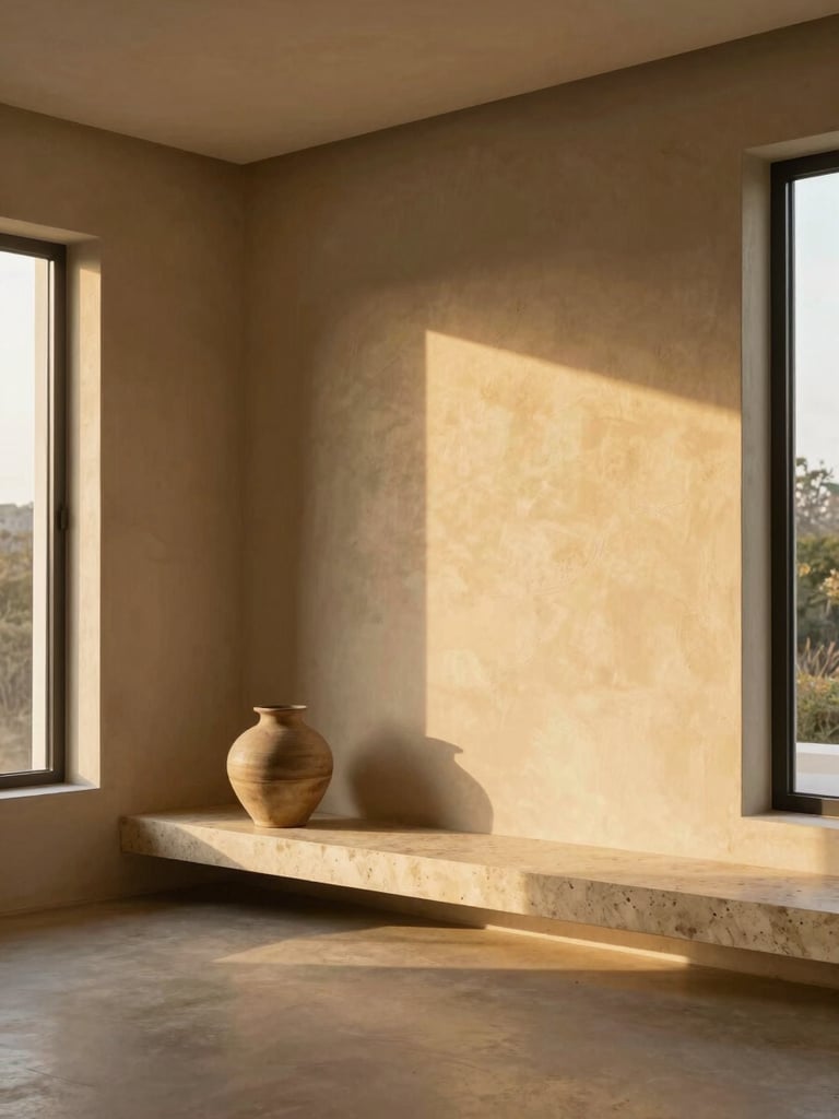 Interno minimalista con panca sospesa in pietra, pareti materiche e luce naturale
