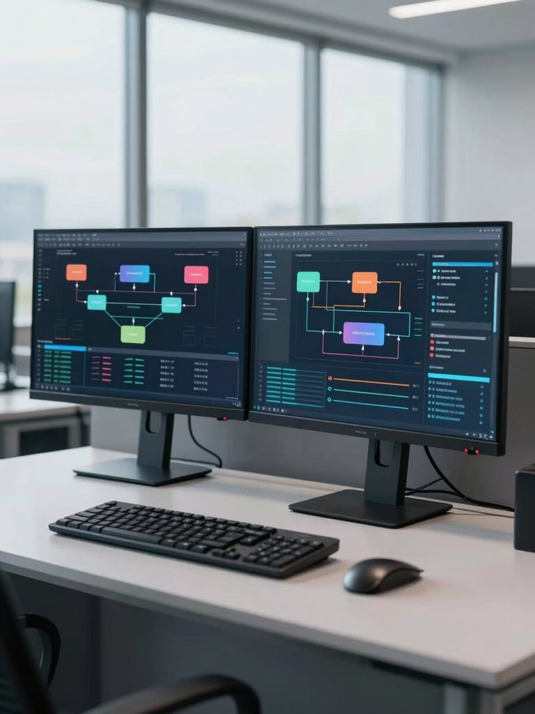 A high-end, structured modern enterprise workstation showing data flow diagrams on a dual-monitor setup, cool daylight from a large window, clean lines, professional atmosphere.
