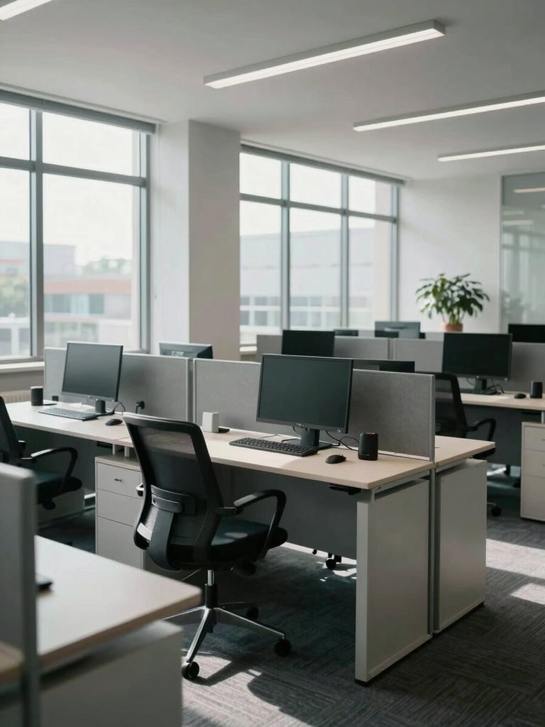 Wide-angle view of a modern, structured corporate workstation with clean lines, natural daylight pouring through large windows, cool professional undertones.