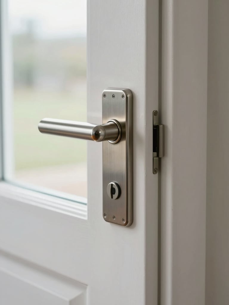 Close-up eye-level shot of a wide doorway lever handle in brushed nickel on a freshly painted white door frame in a new construction home, natural overcast daylight from a nearby window casting soft even light, zero-step threshold visible at the bottom of the frame
