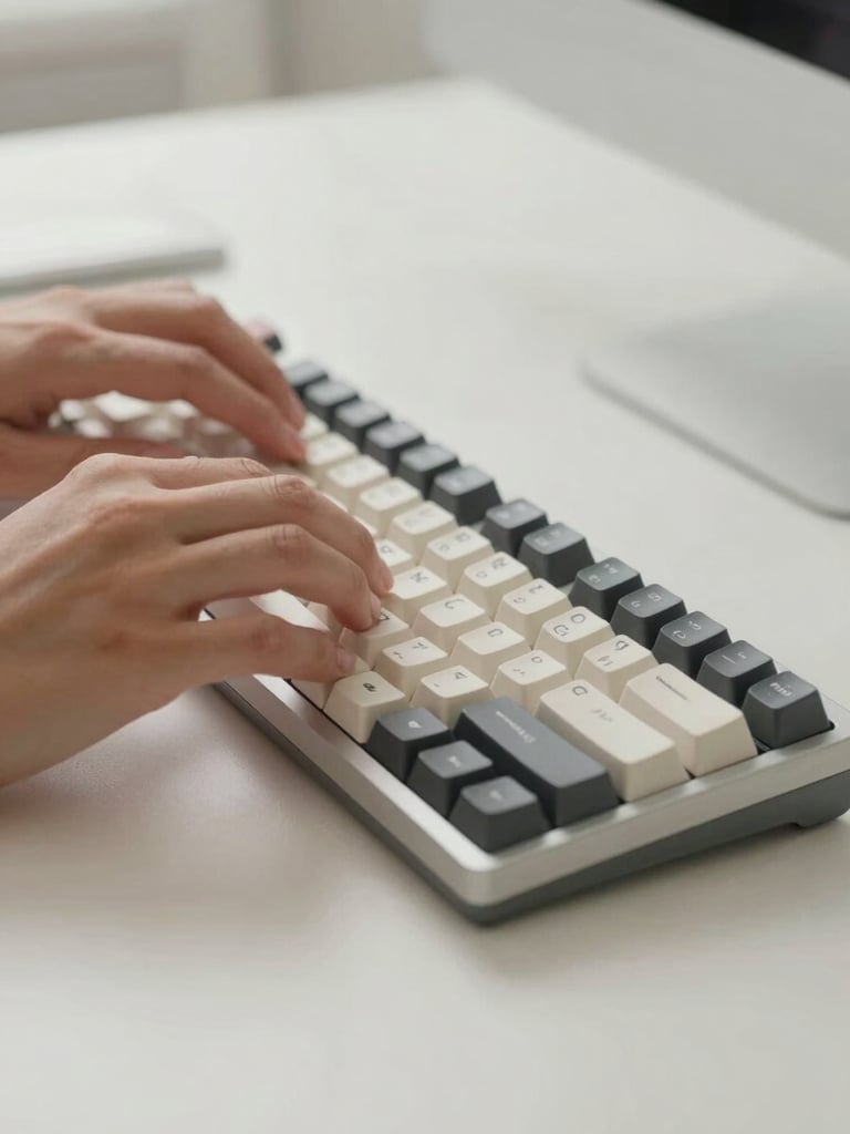 Close-up of hands typing on a mechanical keyboard in soft natural daylight, minimalist workspace, 35mm.