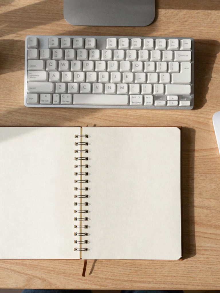 Overhead flat-lay of a minimalist wooden desk with a mechanical keyboard, a clean notebook, and soft natural daylight casting gentle shadows, 35mm.
