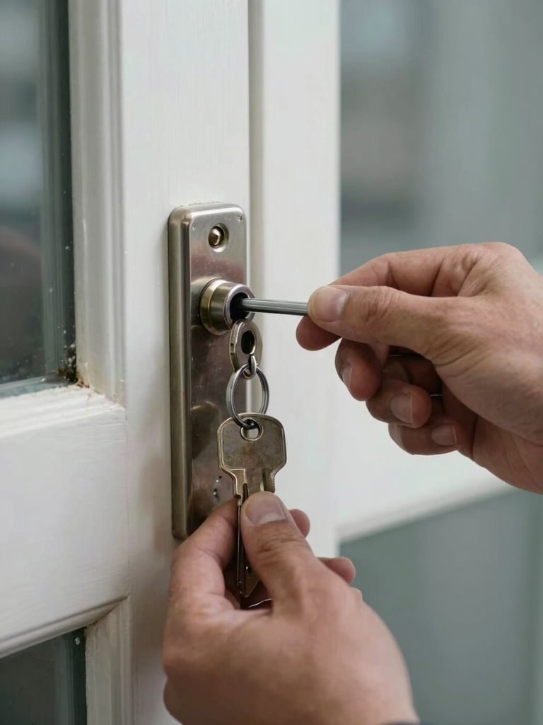 Close-up of a locksmith's hands inserting a pick tool into a deadbolt lock on a residential door frame, cool daylight from the left, sharp focus on the lock cylinder and worn key ring hanging below
