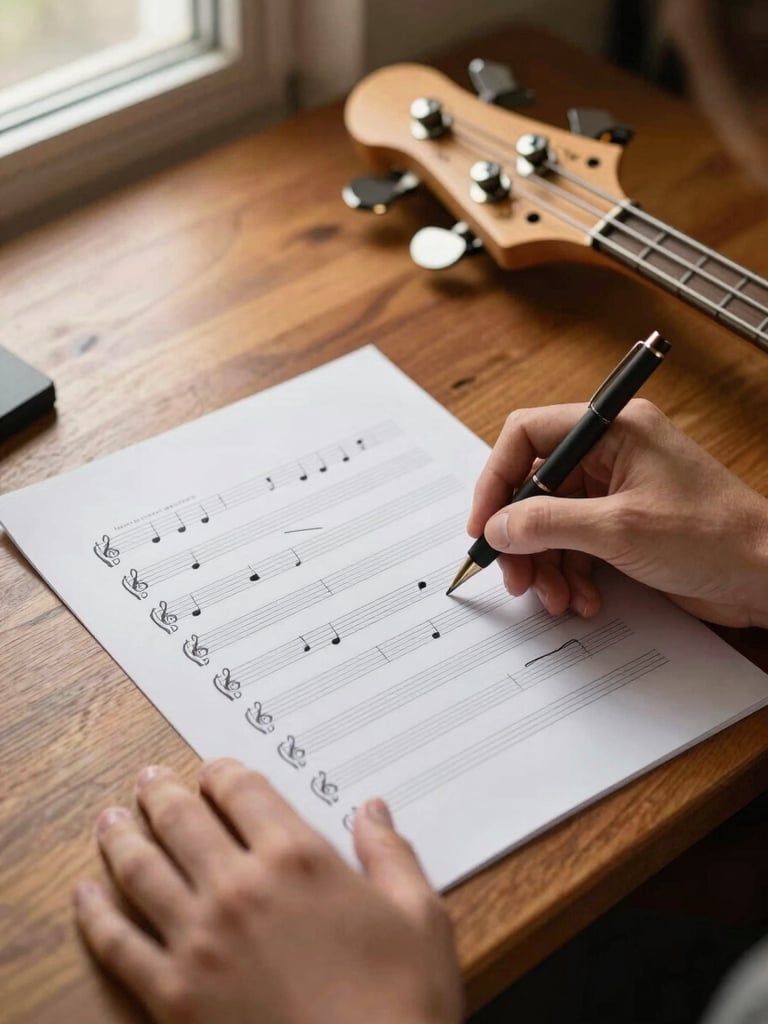 Hands writing musical notation on a clean staff paper score next to an electric bass neck, warm residential desk lighting, 35mm