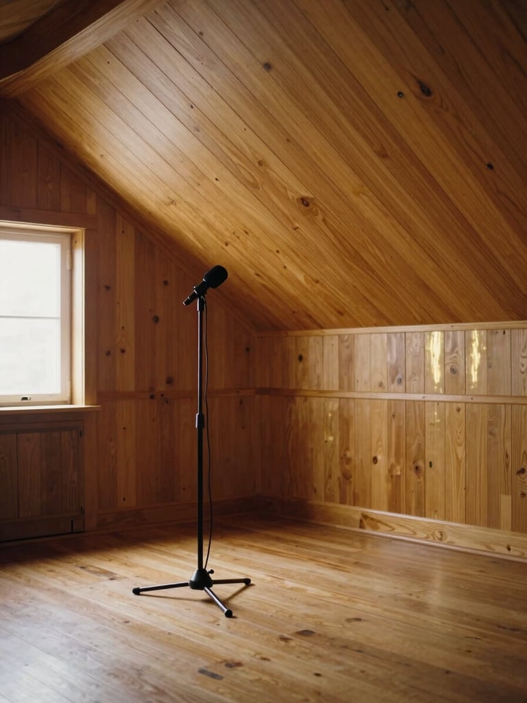 A cozy residential tracking room with vaulted ceilings and wooden floors, a microphone stand set up near a window with soft light, warm oak tones