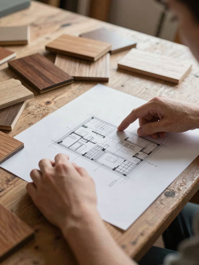 Warm natural light illuminating a rustic community workshop table, architectural drawings and local wood samples scattered, hands pointing to a plan, candid and environmental.
