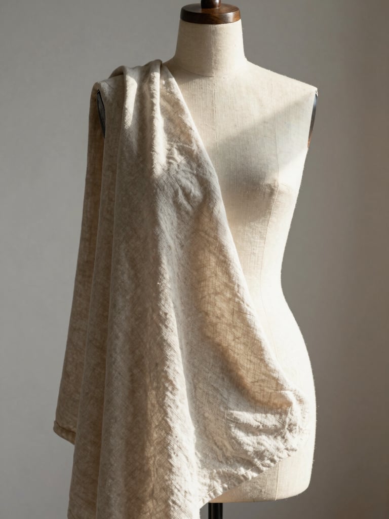 A close-up of heavy linen fabric draped elegantly over a minimalist wooden dress form in a sunlit studio.