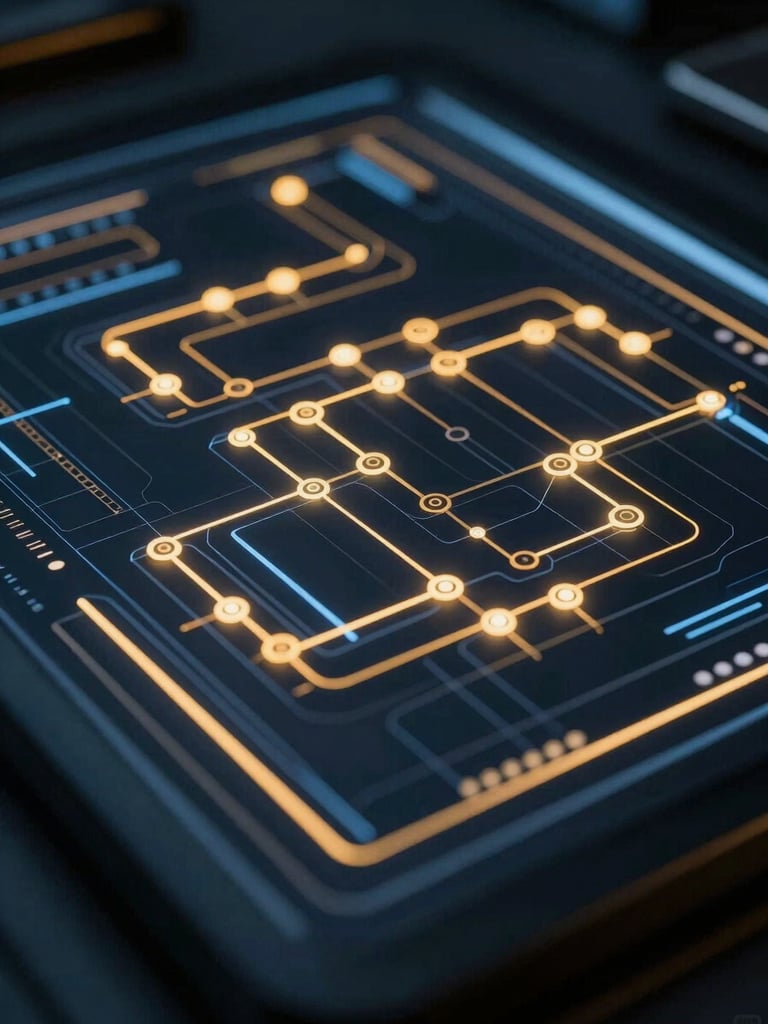 Macro detail of a high-tech workspace, sleek digital interface showing complex automated workflows, dramatic golden highlights, cool ambient blue tones