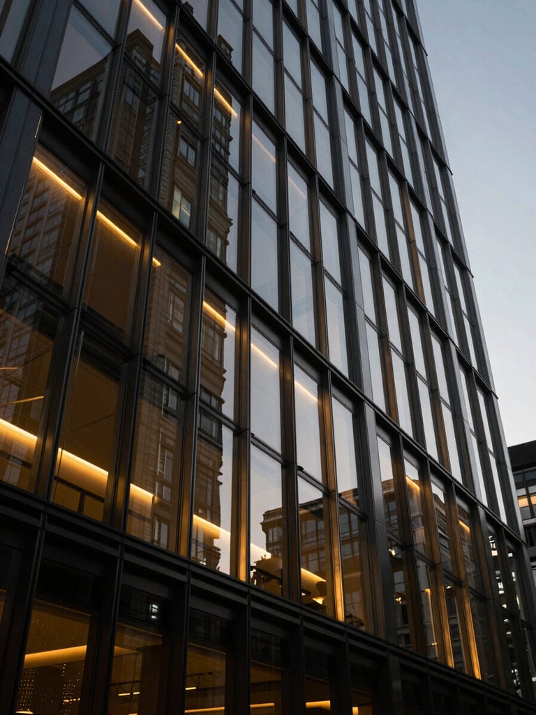 Low-key dramatic architectural perspective of a modern glass financial terminal at dusk, warm golden highlights reflecting off sharp geometric lines, 35mm