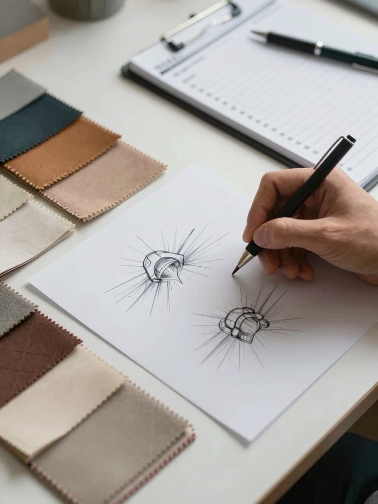 Overhead view of a planning desk with fabric swatches, hand-drawn sketches, and a clean order ledger, diffused natural light.