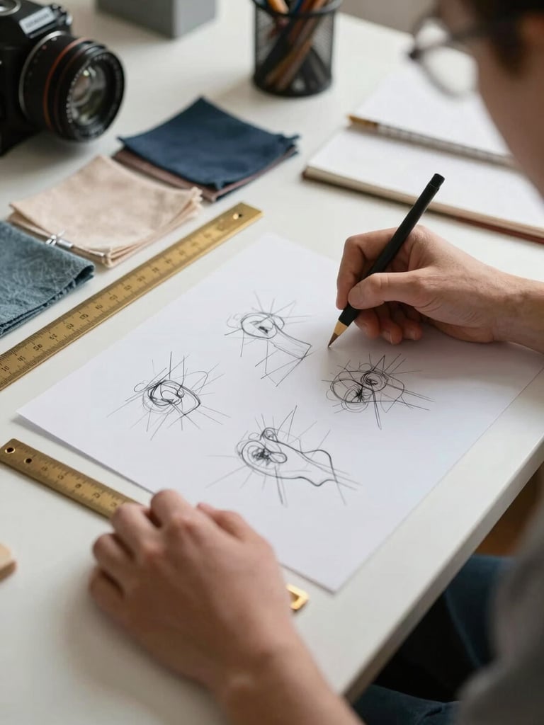 A quiet behind-the-scenes planning session showing hand-drawn sketches, fabric swatches, and a brass ruler on a clean desk, soft natural light.