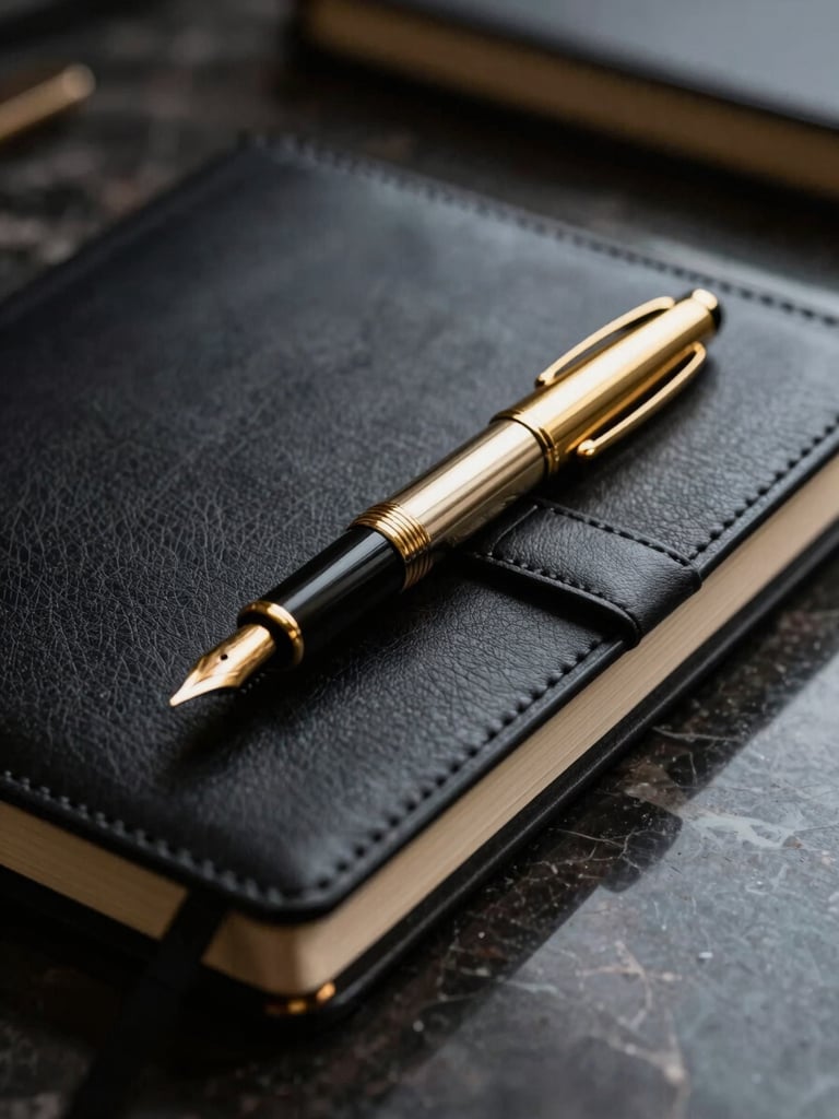 Close-up macro shot of premium materials, a structured leather notebook, a classic gold fountain pen on a dark marble desk, dramatic low-key lighting.