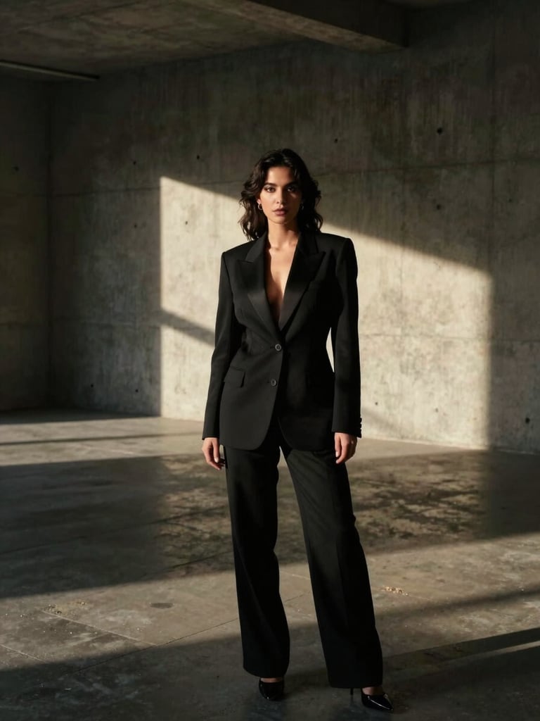 Cinematic environmental portrait of Dulce Gomez in a tailored black blazer, standing off-center in a brutalist concrete gallery space, dramatic high-contrast chiaroscuro side lighting, deep shadows, 35mm.