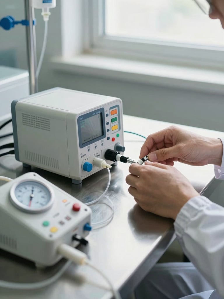 Close-up of a biomedical technician's hands connecting calibration leads to an infusion pump port on a clean stainless steel workbench, bright north-facing daylight from a workshop window, measurement instruments arranged precisely in the foreground