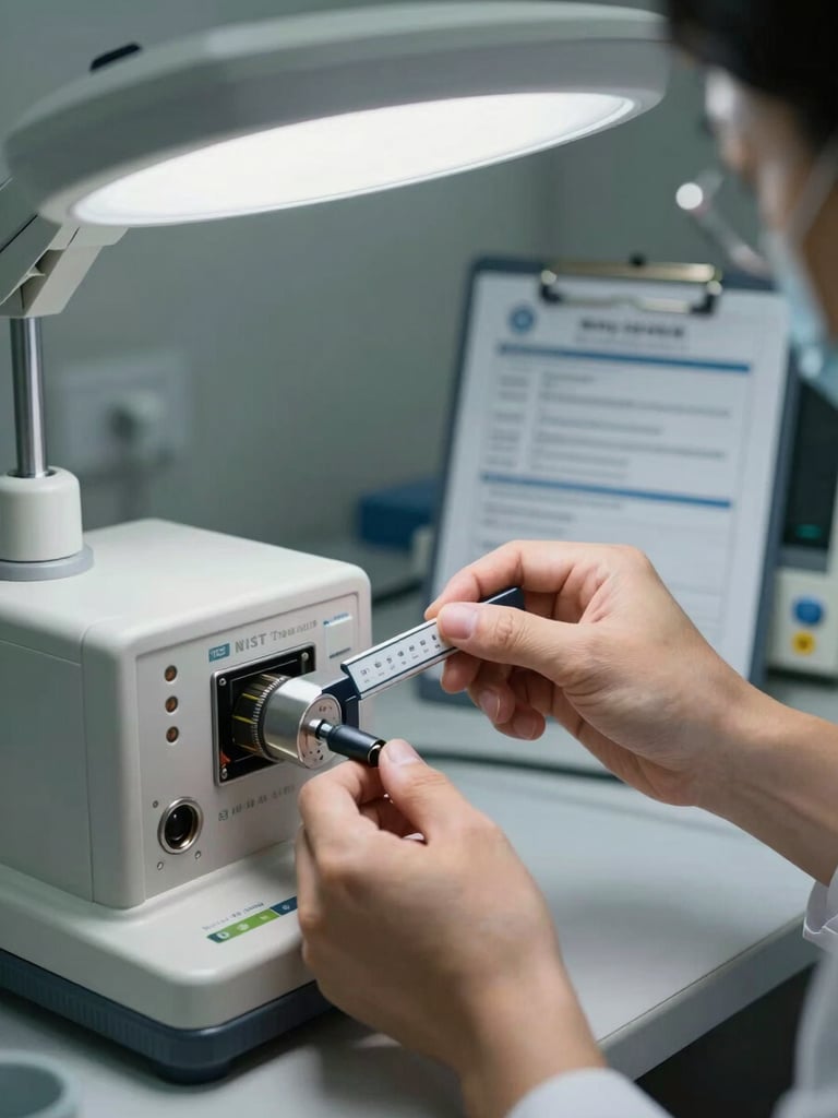 Close-up of technician hands connecting NIST-traceable calibration reference standard to a patient monitor port on a clean service bench, clinical fluorescent light overhead, calibration certificate printout visible in the background