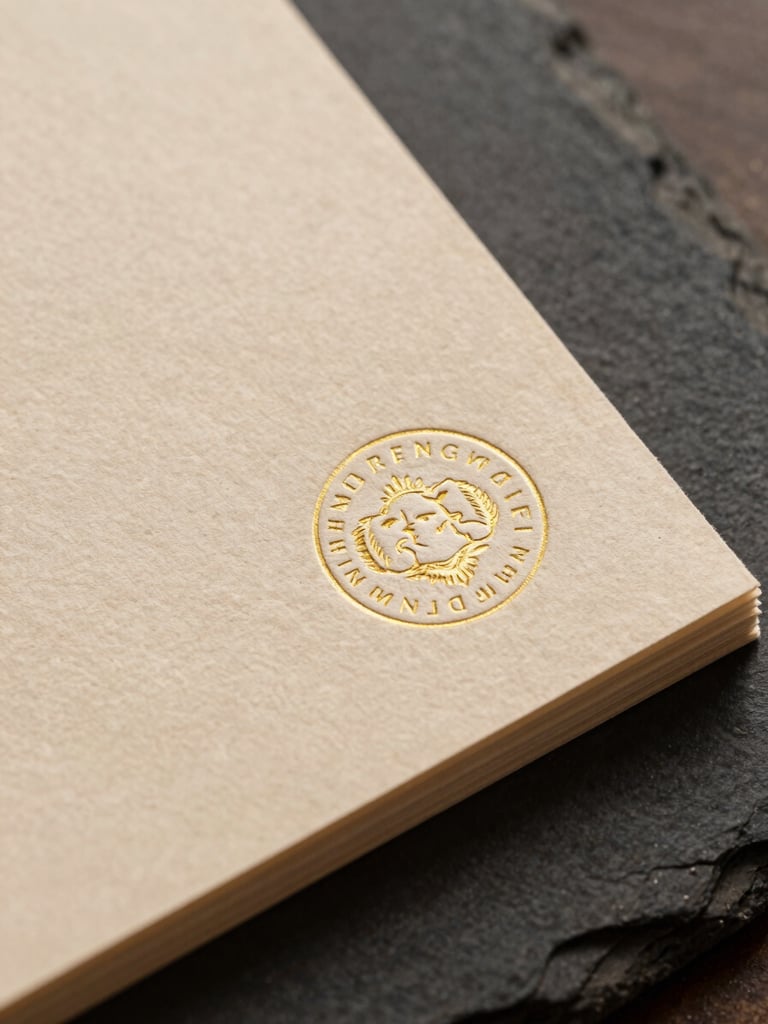 Macro detail photograph of premium heavy-weight cotton stationery with a subtle gold-embossed seal, resting on a dark textured slate surface, warm ambient side light, sharp focus.