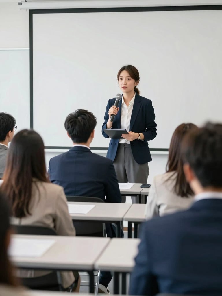 Crisp editorial photo of a professional training seminar, a clean structured classroom setting with a focused instructor and engaged adult professionals, soft natural lighting.